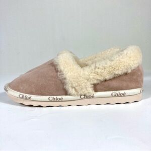 Chloe Woody Suede Genuine Shearling Closed Logo Slippers Maple Pink 41 US 11 NEW